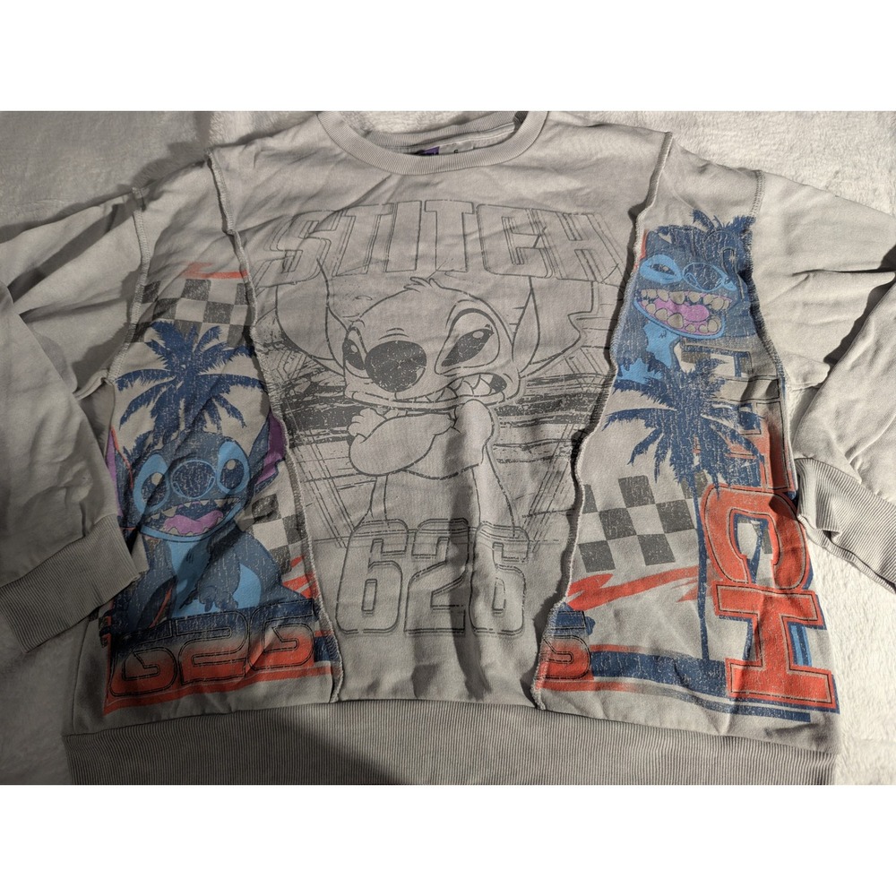 Disney Stitch Sweatshirt Mens Small Gray New Graphic Crewneck Paneled Seams